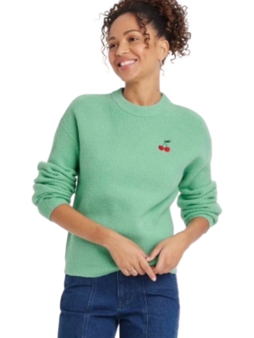a new day Mint Green Soft Cozy Ribbed Sweater Cherry Embroidery Women’s Small